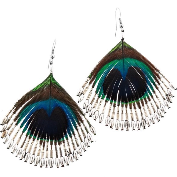 Sterling Silver Beaded Peacock Feather Earrings
